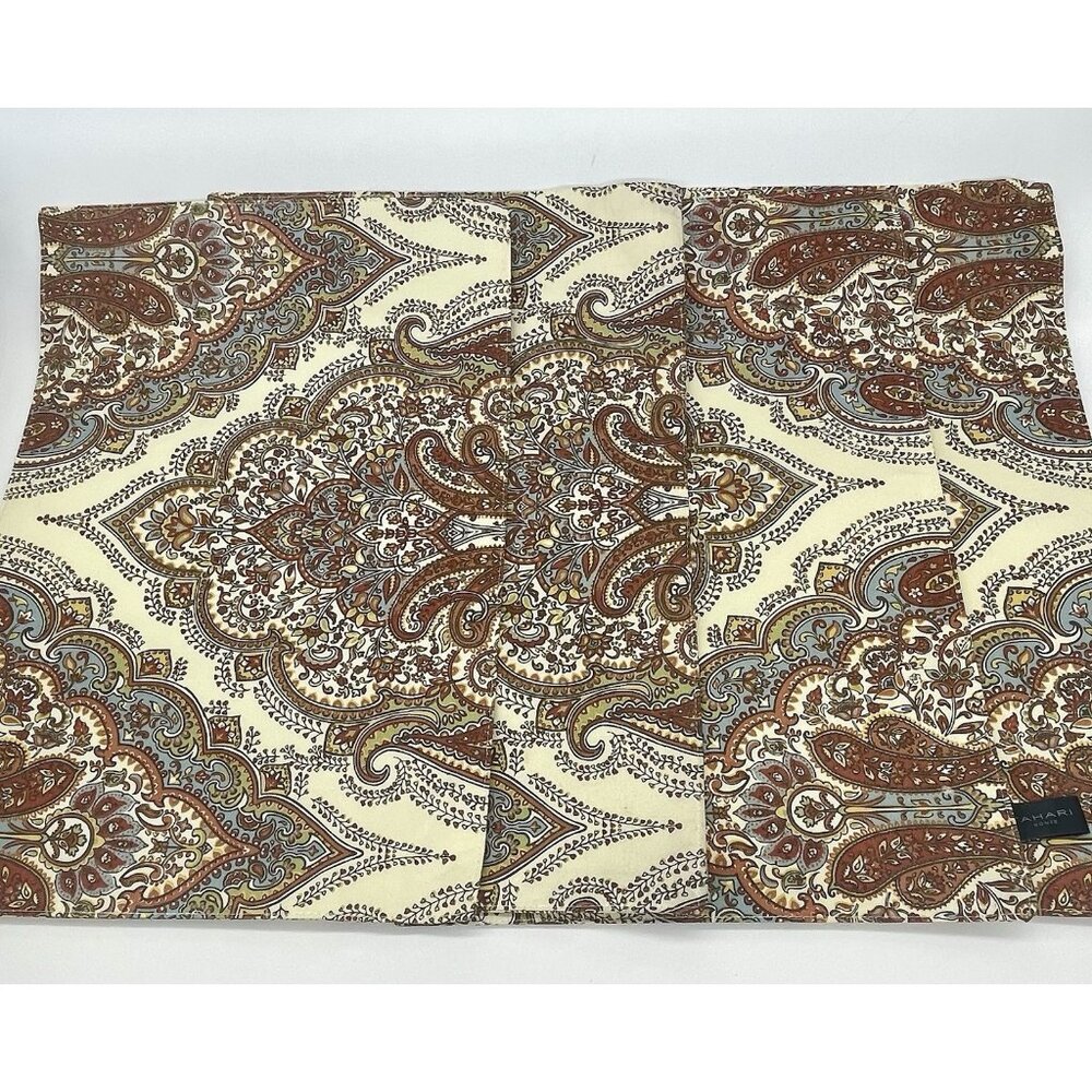 TAHARI HOME 4 Jacobean Blue Beige Brown Damask Paisley Placemats New